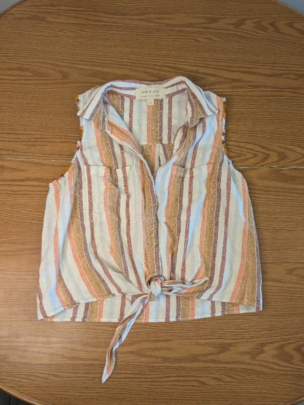 cloth & stone anthropologie button top small linen stripe frayed hem tied front